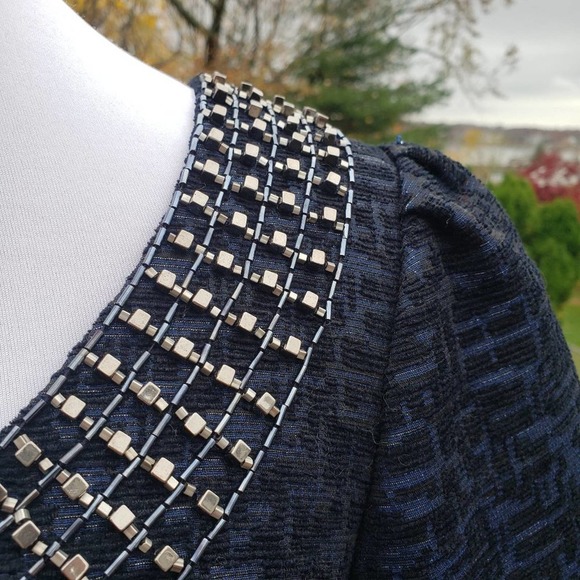 Dress Embellished Black Blue Jewel Textured Old Money Sz 10 ADRIANNA PAPELL - Picture 9 of 13